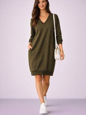 Zenia Outfitters Olive Green V Neck Sweatshirt Dress Womens S M